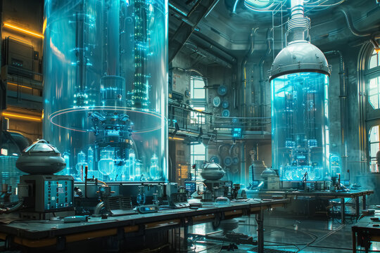 futuristic laboratory with advanced technology equipment, glowing blue containers and metallic structures