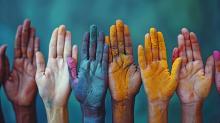 Raised hands covered in vibrant colored powder against teal background. Diversity campaign emphasizing unity in diversity.