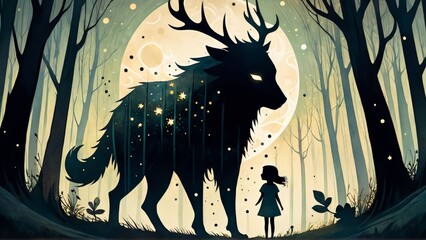 Fantasy illustration of a girl in a dark forest with moon and stars.