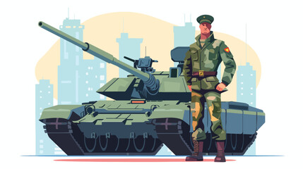 Military man with tank. Vector illustration in flat ca - obrazy, fototapety, plakaty
