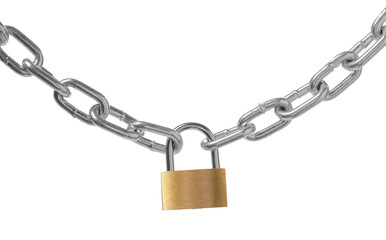 Steel padlock and chain isolated on white
