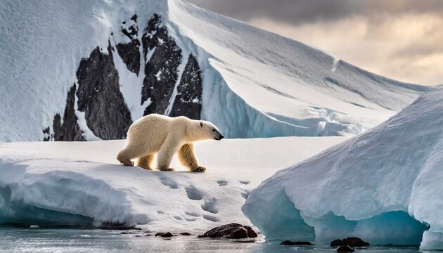 Numa geleira majestosa, um urso polar solit&aacute;rio ca&ccedil;a sua presa, suas patas poderosas deixando pegadas na neve enquanto ele busca por comida. 