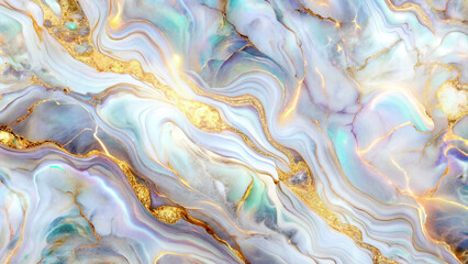 A holographic and white marble background with gold accents