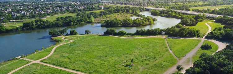 Panorama view master-planned community in Brookside neighborhood near Austin, 90-acre Brushy Creek Lake Park, nature trail, situated in Cedar Park, Round Rock of Williamson, Travis County, aerial