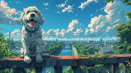 printed illustration of a dog on a bridge anime style
