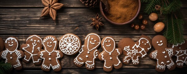 Beautiful Christmas decoration with amazing gingerbread man cookies and other christmas decorations on wooden table. Merry christmas theme. Christmas greeting card, top view.