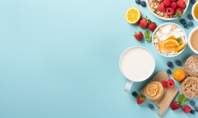 Top view of Healthy breakfast concept with fresh pancakes, berries, fruit on blue backgroudt. Free...