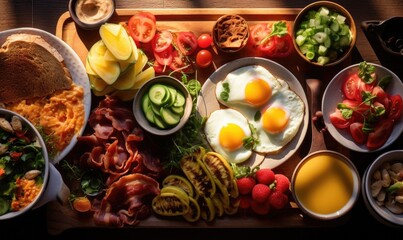 Top view bright photo of Large selection of breakfast food on a table, sun light from side. Healthy breakfast concept