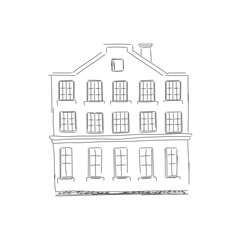 Old house facade on city street of Europe, architectural sketch vector illustration