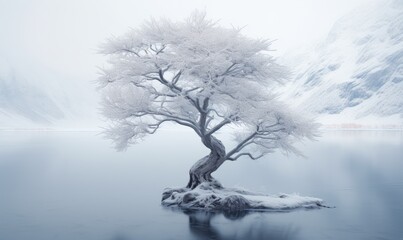 Frozen Tree alone in the middle of foggy lake, beautiful winter mountain landscape around. - Powered by Adobe