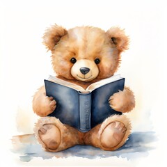 Charming Teddy Bear Reading, Watercolor Technique on White Paper - cozy reading, children's watercolor
