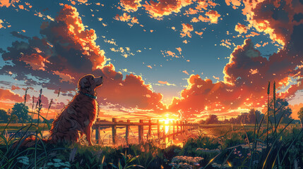 printed illustration of a dog on a bridge anime style