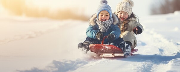 Happy and smiling kids are enjoying sledding on snow in winter on sledge or bob sledge - obrazy, fototapety, plakaty