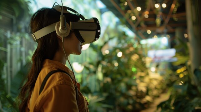 Woman With Virtual Reality Headset in Greenhouse - Powered by Adobe