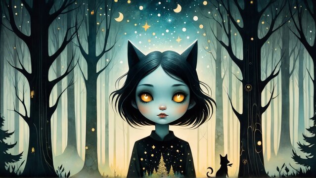 Fantasy illustration of a girl in a dark forest with moon and stars.