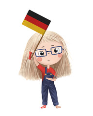 Funny cute girl with flag of Germany. Bright clip art isolated