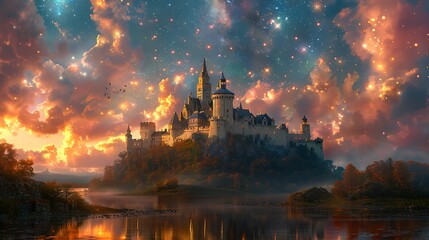 A magnificent castle perched on a hill, surrounded by a moat, under a star-filled night sky.  - obrazy, fototapety, plakaty