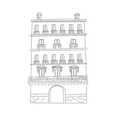 Old house with arch door and balcony decorations, contour monochrome sketch vector illustration