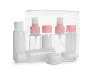 Cosmetic travel kit with plastic bag isolated on white