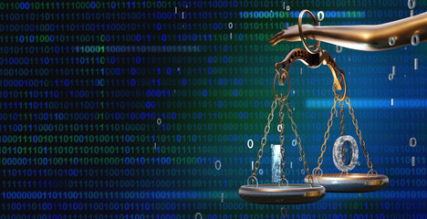 AI legal concept. Artificial intelligence justice law digital technology. Themis scales with coding numbers. 3D render illustration.