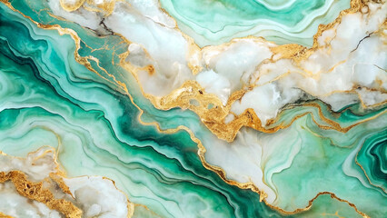 A green and white marble background with gold accents
