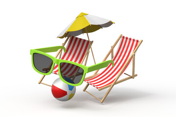 Deck chair, umbrella, beach ball, and sunglasses