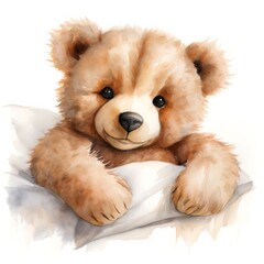 Teddy Bear on Pillow Watercolor Illustration, White Paper Background - kids illustration, bedroom art