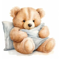 Teddy Bear on Pillow Watercolor Illustration, White Paper Background - kids illustration, bedroom art