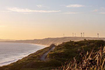 Coastal walking trail at sunset. Albany Wind Farm, Western Australia.