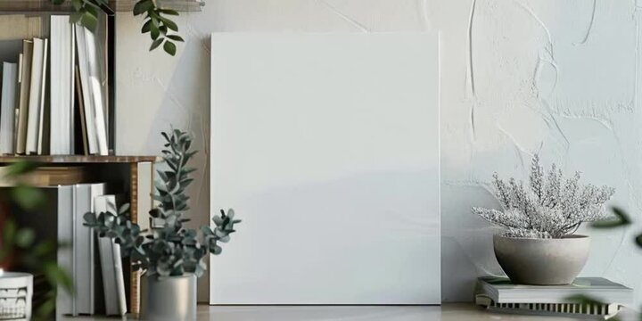 Video mockup of black canvas or picture frame for small square poster in shelf in white minimalistic interior. With cold day light