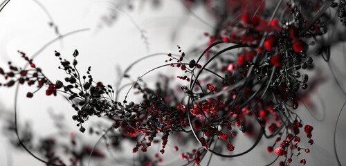 Dance of intertwining ruby vines in a black and white symphony
