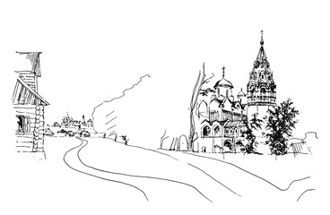 Vector traced hand drawn architectural sketch. Landscape with ancient stone churches and bell towers and wooden log huts in the Russian building traditions - obrazy, fototapety, plakaty