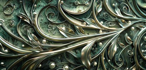 Dance of lines as jade and pearl vines interweave forming a visually captivating tapestry.