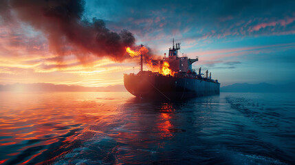 Fiery sunset blaze on ocean tanker vessel