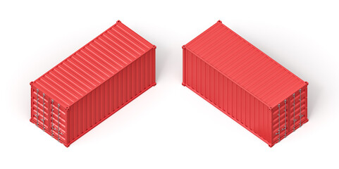 Two red shipping containers on white background