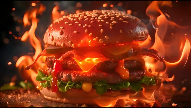 Commercial photography, hamburger with flames on the background.
