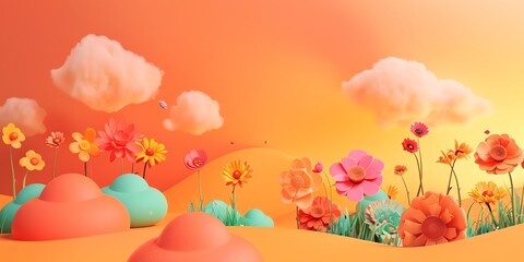 3D render, illustration 16K cute landscape, 3d flowers, earth day, neon color, 3d cute clouds, CAD, gradient orange background