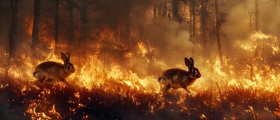 Leap to Safety: Hares Escape Blazing Forest. Concept Wildlife Rescue, Forest Fire, Hare Escape, Survival, Emergency Response - obrazy, fototapety, plakaty