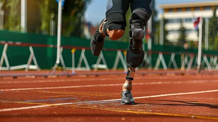 Determined athlete with prosthetic leg sprinting on track field