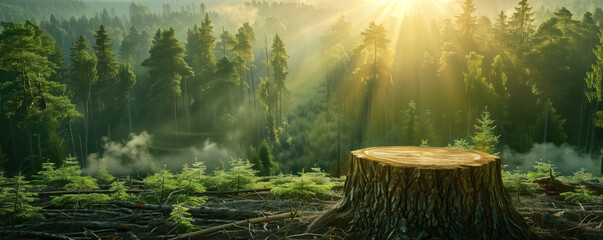 Panoramic view of the deforested forest in the fog morning. Deforestation concept.