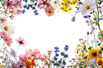 frame of pink flowers on white background. top view