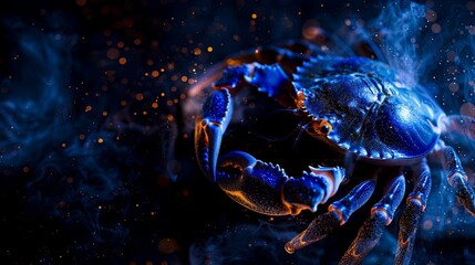 Enigmatic blue crab amidst sparkling particles on a dark background