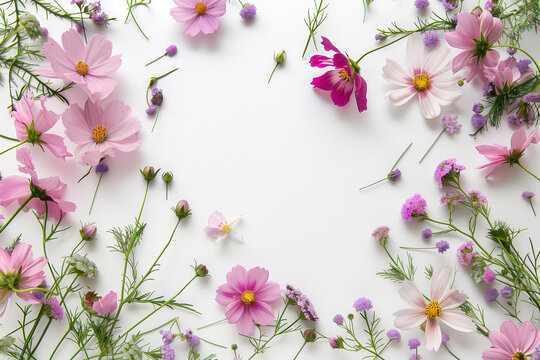 frame of pink flowers on white background. top view