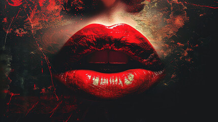 Gorgeous Women Red Lips With Dripped Red Liquid Paint Color Lipstick Blurry Background