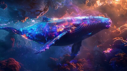 Mystical whale adorned in neon light, skin shimmering iridescently, encircled by mesmerizing psychic waves, in a dreamy underwater realm - obrazy, fototapety, plakaty