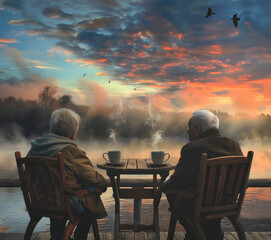 AI Generated image of two older people sit at a table by a lake, sipping coffee and enjoying the view