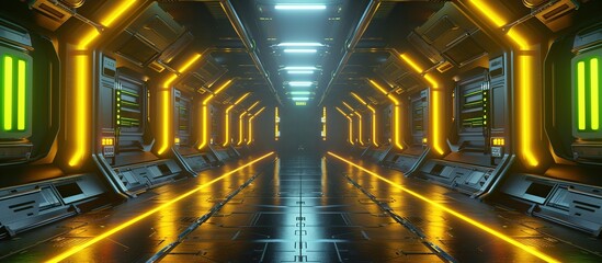 The dark background of the interior space of a science fiction room with a bright neon yellow color. 3D illustration.
