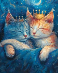 Twoheaded anime cat, one with a crown, regal pose, starry night background, perfect for die cut - obrazy, fototapety, plakaty