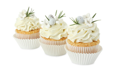 Tasty Easter cupcakes with vanilla cream isolated on white