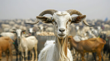 Goat symbolizing the sacrifice for Eid-ul-Adha, against the backdrop of a herd and a city, poster